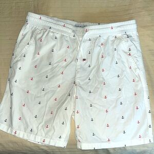 LIKE NEW DENIM  & FLOWER RICKY SINGH WHITE SHORTS W BLUE & RED ANCHORS